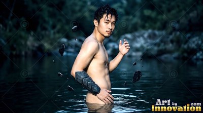 A dark stone gauntlet on his arm, a shirtless man stands in shadowy river water with floating stones