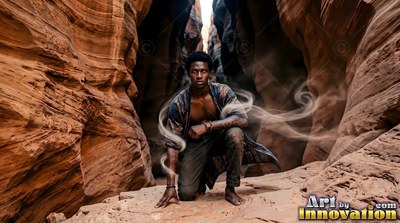 A man kneels on a canyon ledge summoning wind that curls in white dust