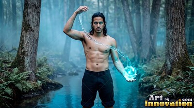 Standing shirtless in a misty forest, a man bends a stream of bright blue water between his hands