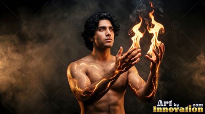 A shirtless man holds bright flames above his hands in dark smoke