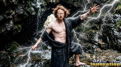 In a rocky creek, a bare-chested man in a dark robe casts white lightning