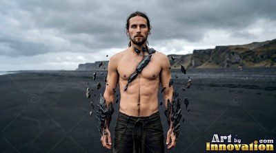 Standing on a black beach, a man without a shirt has dark stone shards floating by his arms