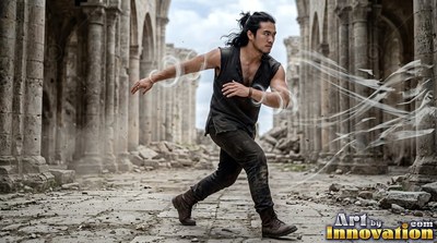 A man in dark clothes bends wind swirls in stone ruins
