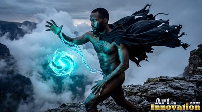 Wearing a torn black cape, a man summons bright blue water on a rocky peak