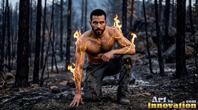 A man without a shirt crouches in a burned forest as yellow lightning cracks across his arms