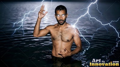 Standing waist-deep in dark water, a shirtless man summons bright lightning