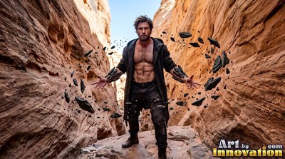 A shirtless man stands in a rock canyon with dark stones floating around him