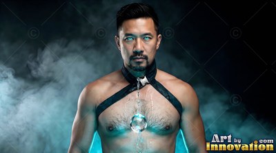 Staring forward in blue smoke, a bare-chested man wears a black collar with a glass sphere