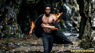 A bare-chested man in a black robe walks forward with fire on his arms