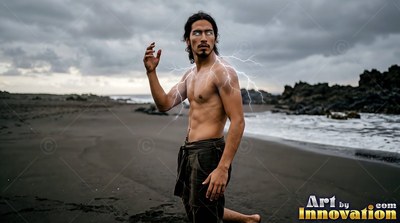White lightning arcs over a shirtless man on a dark sandy beach under gray storm clouds