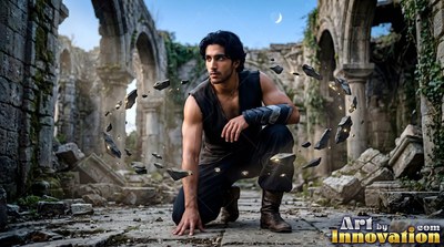 A man kneels in stone ruins, floating dark rocks around himself under a pale blue sky