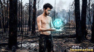 A bare-chested man holds a bright blue ball of energy in a burned forest