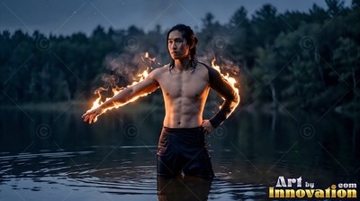 In a dark lake, a bare-chested man is standing in the water with flames on his arms