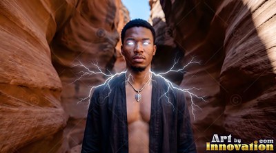 Channeling lightning, a man with white eyes stands inside a red rock canyon