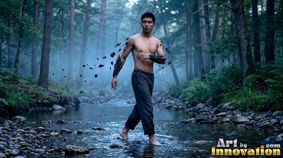 A man without a shirt wades through a creek as dark stones form on his arms