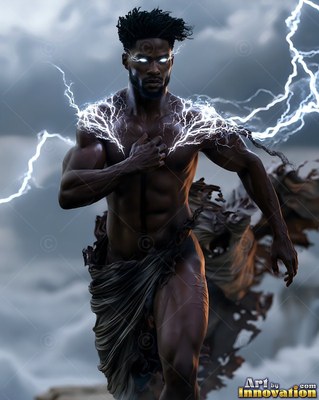 White lightning across his shoulders, a muscular Black man walks forward under gray storm clouds