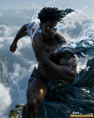 A muscular man leaps forward as bright blue lightning crackles across his shoulders