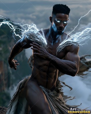Running forward in the mountains, a muscular man has bright lightning on his shoulders