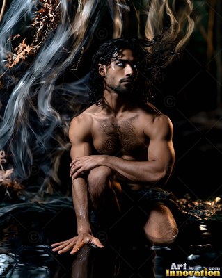 A shirtless man crouches in dark water as silver smoke curls around him