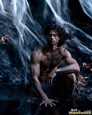 In dark water under smoky white light, a shirtless man crouches low