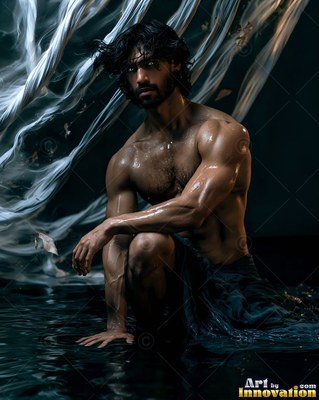 A man without a shirt crouches in dark water beside swirling white silk strands