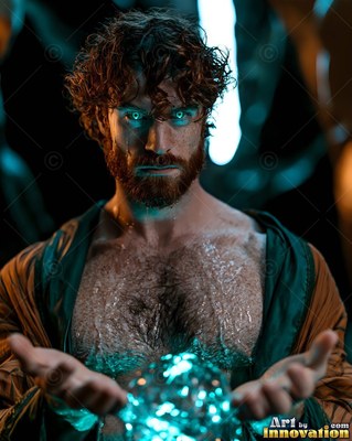 Curly brown hair frames a bearded man in a dark robe holding a ball of teal light in a cave