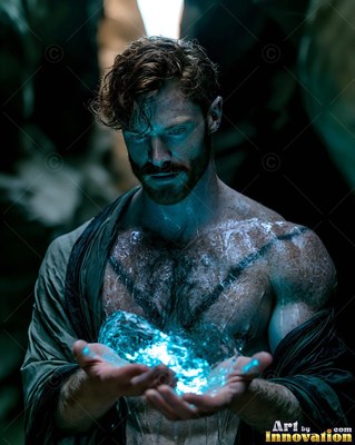 A bearded man holds bright blue water in his hands, lit from below in cool tones