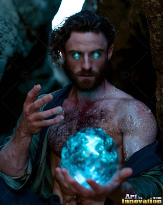 Facing forward in a cave, a bare-chested man holds a bright blue ball of light