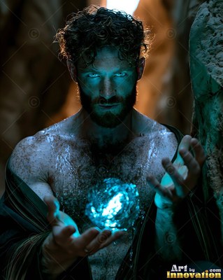 A bare-chested man with a dark beard holds a bright blue ball of water
