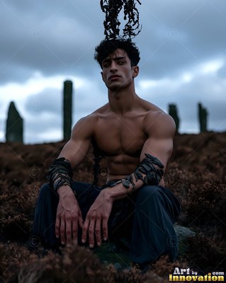 In a cloudy moor, a bare-chested man crouches between standing stones