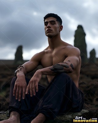Sitting barefoot outdoors, a shirtless man rests on a stone under a gray sky