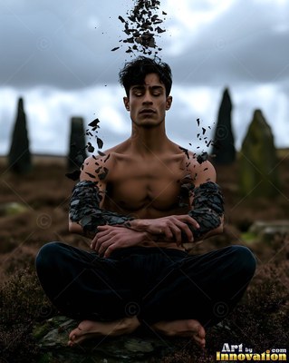 A shirtless man meditates outdoors as dark rock breaks apart around him