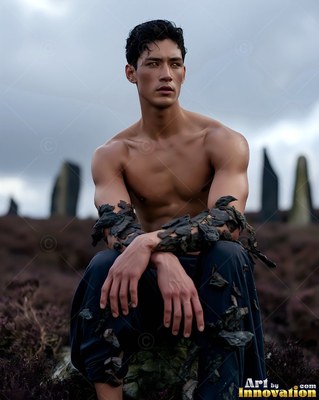 Dark bark clinging to his forearms, a shirtless man sits on a moor with tall stones under gray clouds