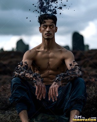 A bare-chested man sits on dark earth as rock floats around him under gray skies