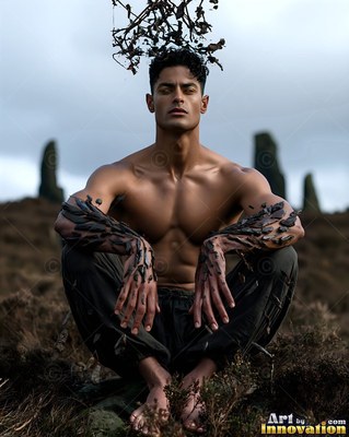 Sitting cross-legged on a rocky hill, a bare-chested man rests with bark on his arms