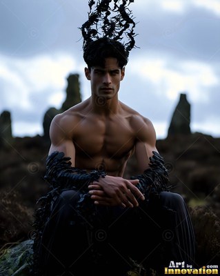 A bare-chested man with a spiky black crown sits in front of standing stones