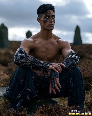 In an open field, a bare-chested man sits with black rock covering his forearms