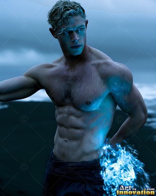 Holding bright blue water behind his hip, a bare-chested man looks sideways