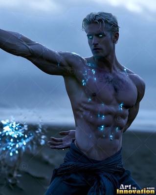 Shirtless man with bright blue eyes posing on a dark beach