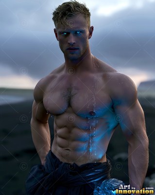 With bright blue eyes, a muscular, wet man stands on a dark beach under twilight skies