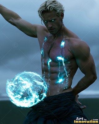 A man without a shirt conjures a swirling sphere of water with bright cyan light