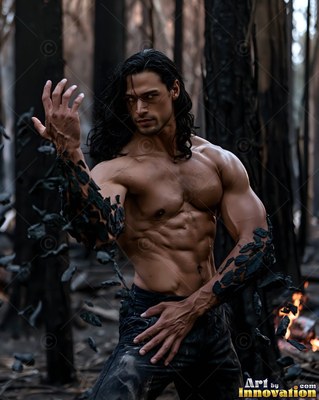 Crouching in a burned forest, a muscular man raises his black stone arm