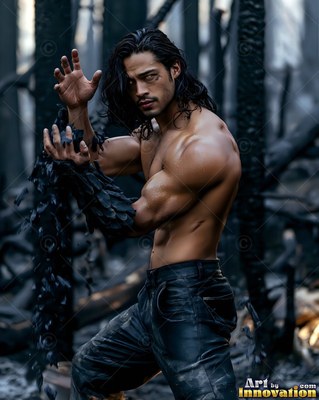 A shirtless man with dark hair poses in a burned forest with black ash on his arms