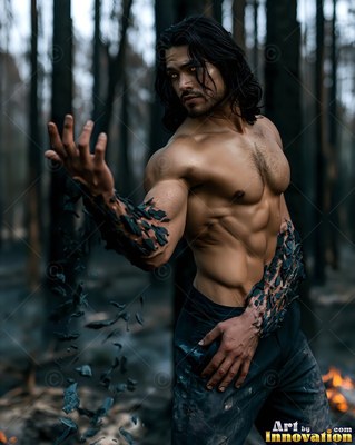 In a burned forest, a bare-chested man watches dark ash flake off his forearms