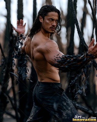 Facing away, a shirtless man with long dark hair holds his arms up among burnt trees