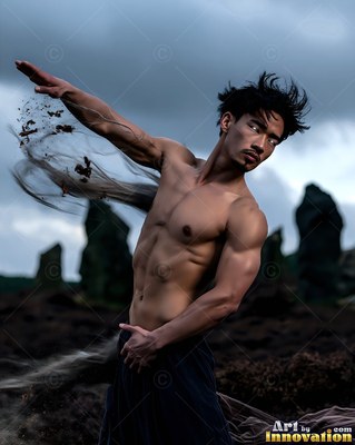 A shirtless man moves dirt through the air over dark soil