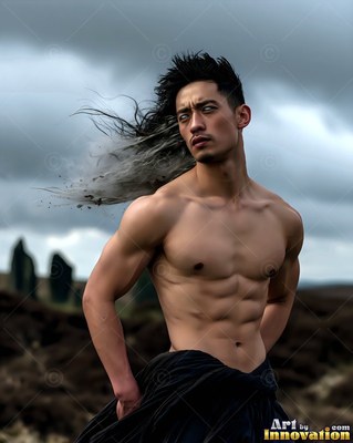 Windblown hair turns to smoke as a man without a shirt stands in a dark field