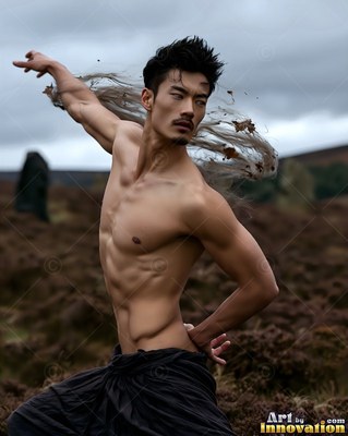 A shirtless man casts soil from his arm under dim gray skies
