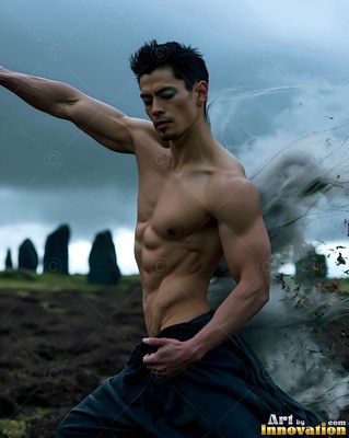 Turning sideways in a stormy field, a man without a shirt summons dark wind swirls