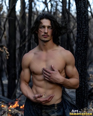 A shirtless man with dark hair stands in a burned forest with small flames